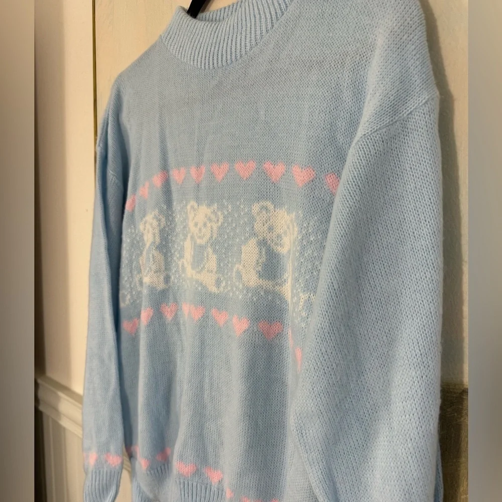 VINTAGE Acrylic Teddy Bear Hearts Sweater Baby Blue Pink Crewneck Size Medium - Picture 2 of 5
